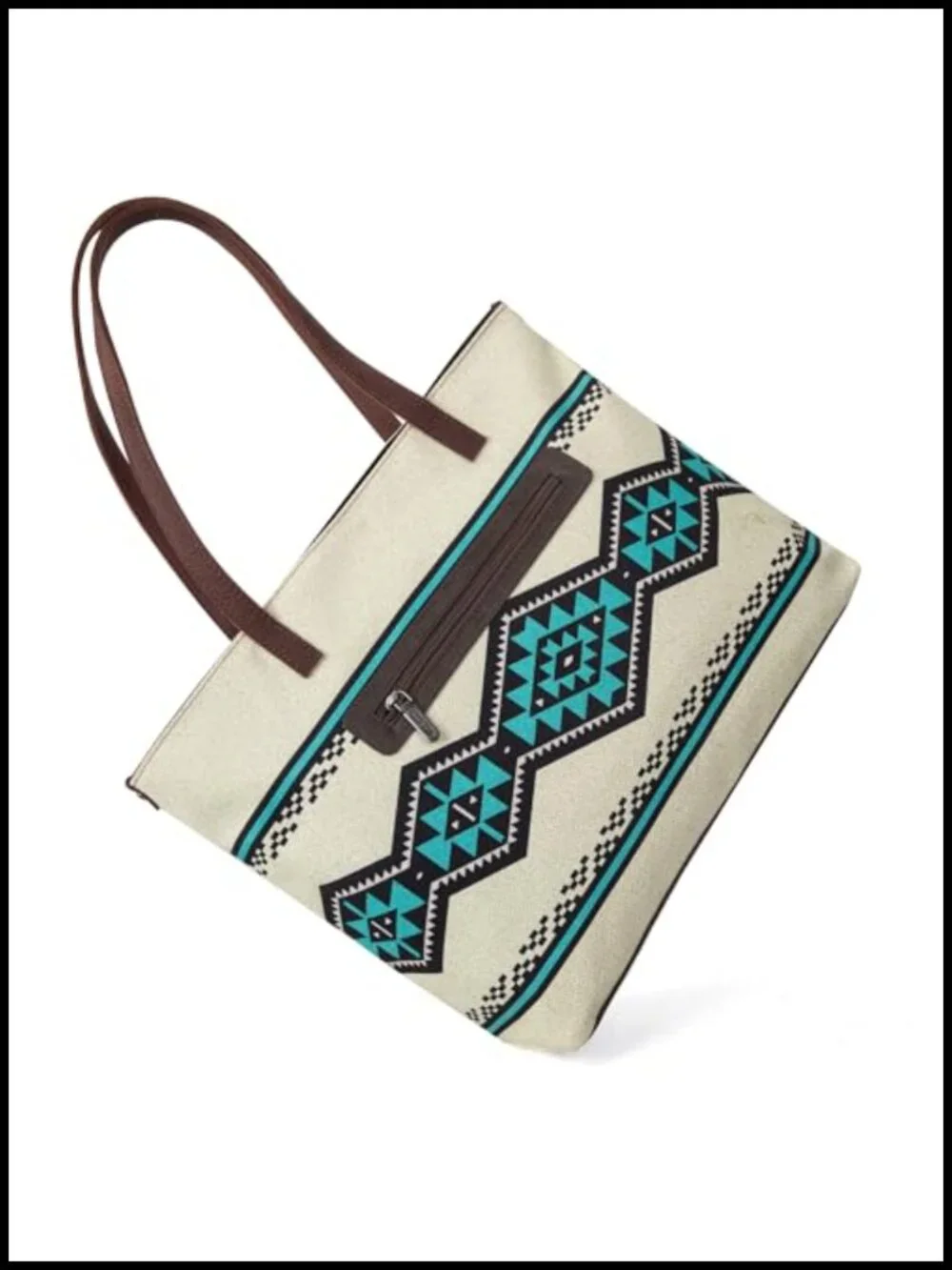 Aztec Print Canvas Tote Bag with Leather Handles for Work Travel